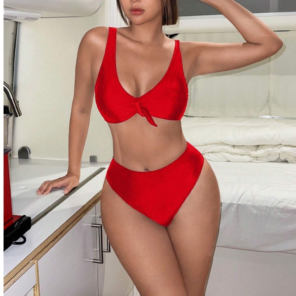 Red High Waisted Swim Beach Bikini - Picture 3 of 5